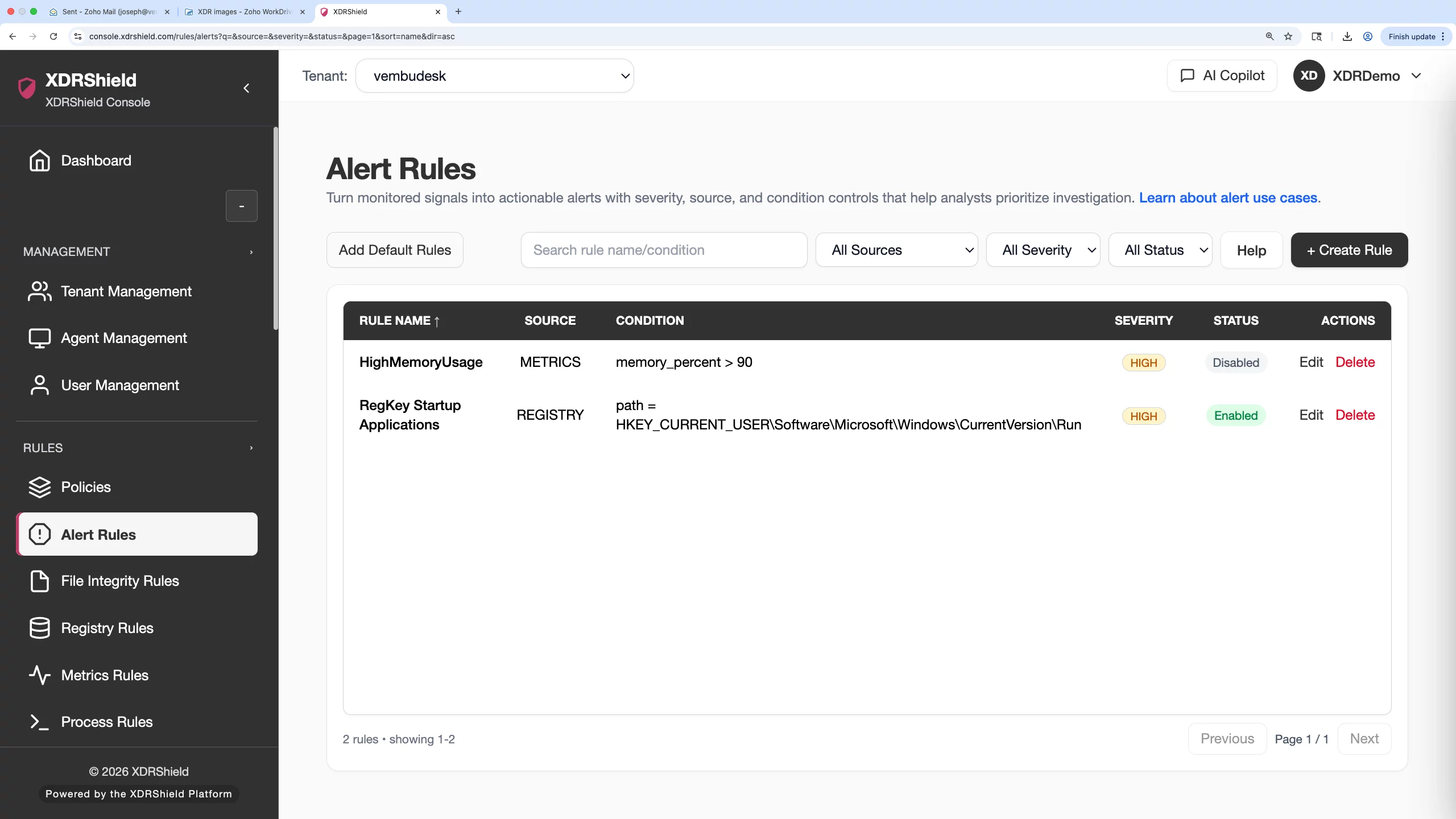 XDRShield product screenshot showing credential configuration context for connected monitoring