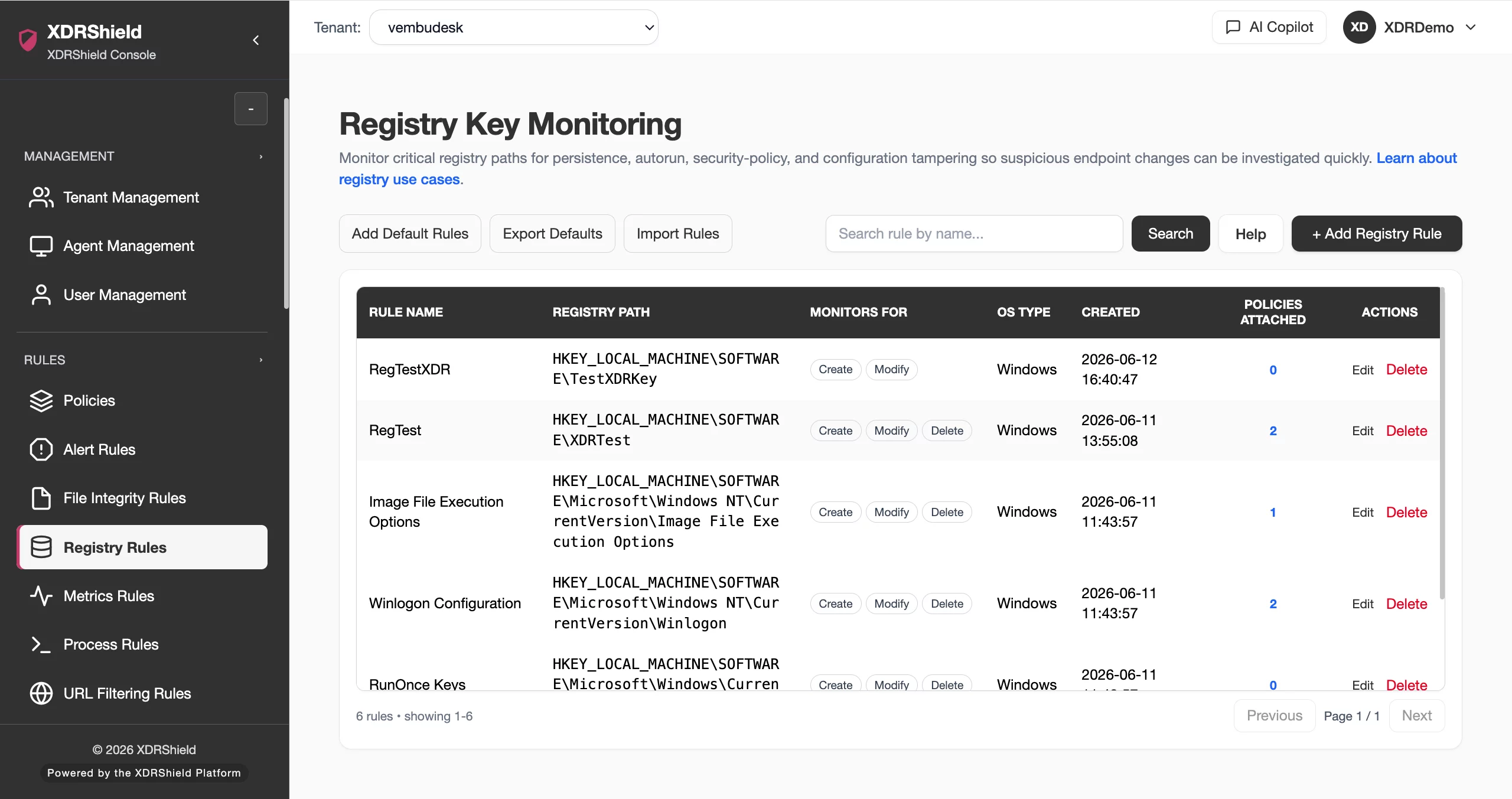 XDRShield product screenshot showing process rule monitoring context