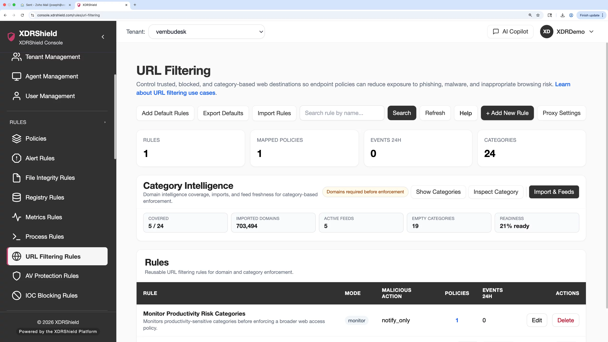 XDRShield product screenshot showing URL filtering rule configuration