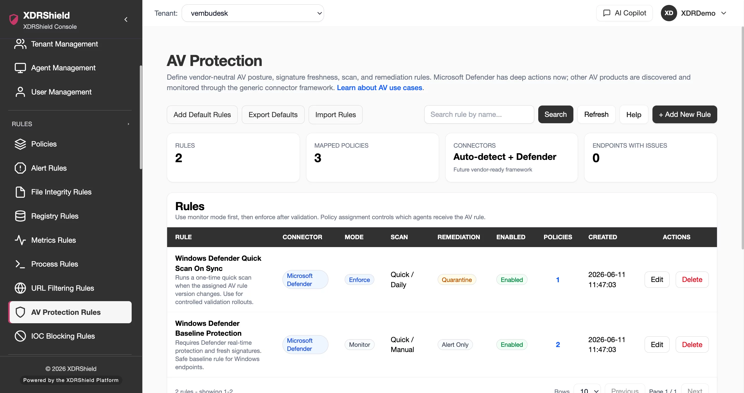 XDRShield AV Protection Rules product console screenshot