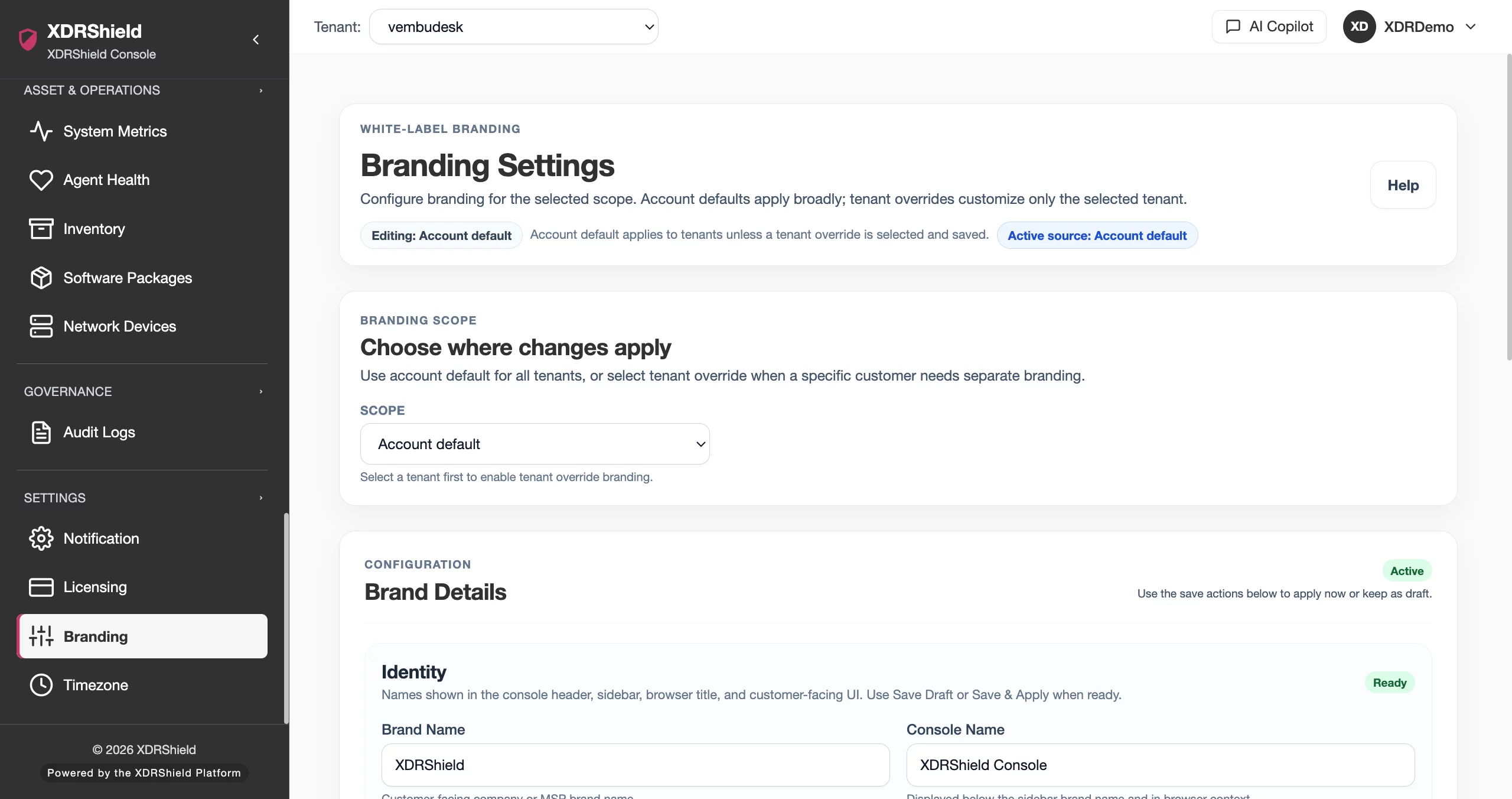 XDRShield Branding Settings product console screenshot
