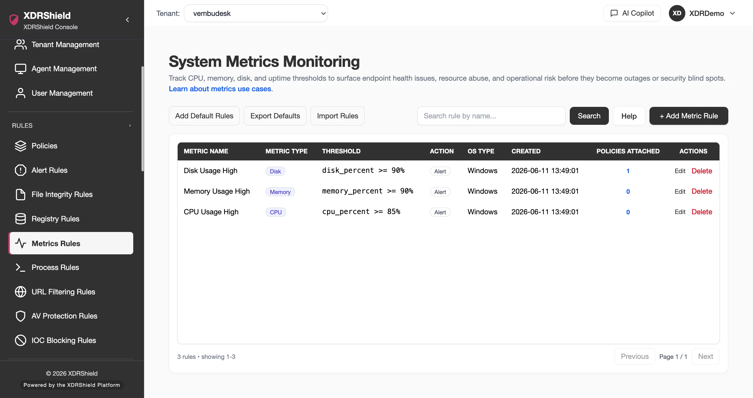 XDRShield System Metrics Rules product console screenshot