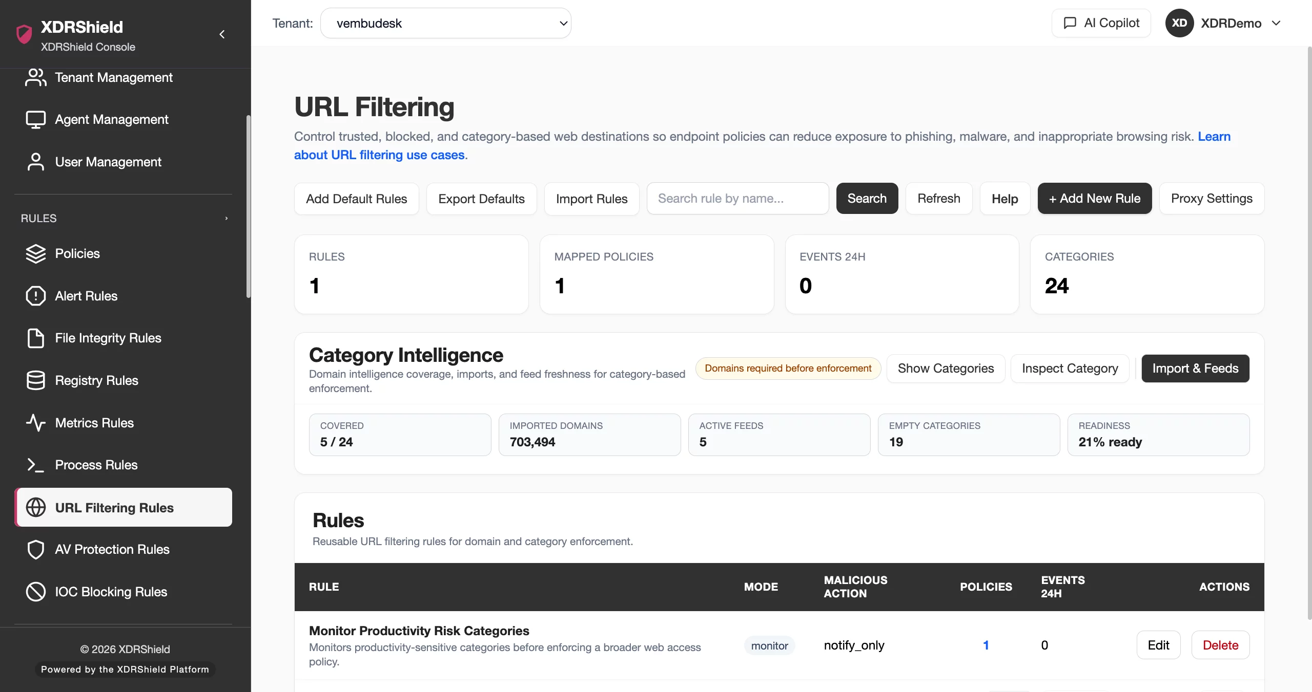XDRShield URL Filtering Rules product console screenshot